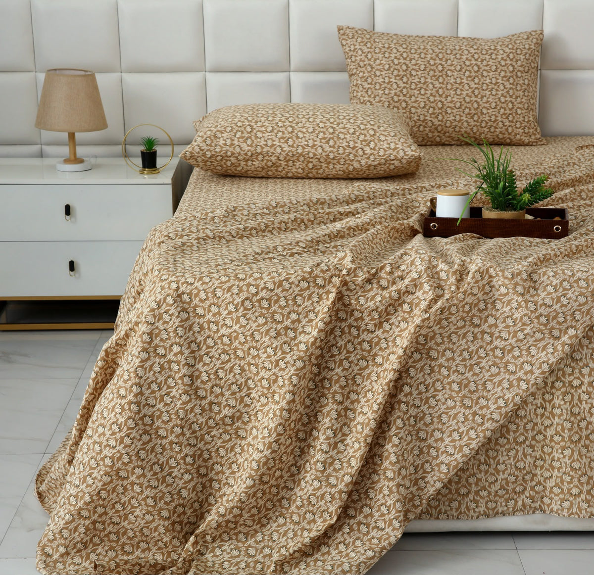 3 PCs Double Bed Sheet With Same Packing- Ecru BED SHEET Apricot