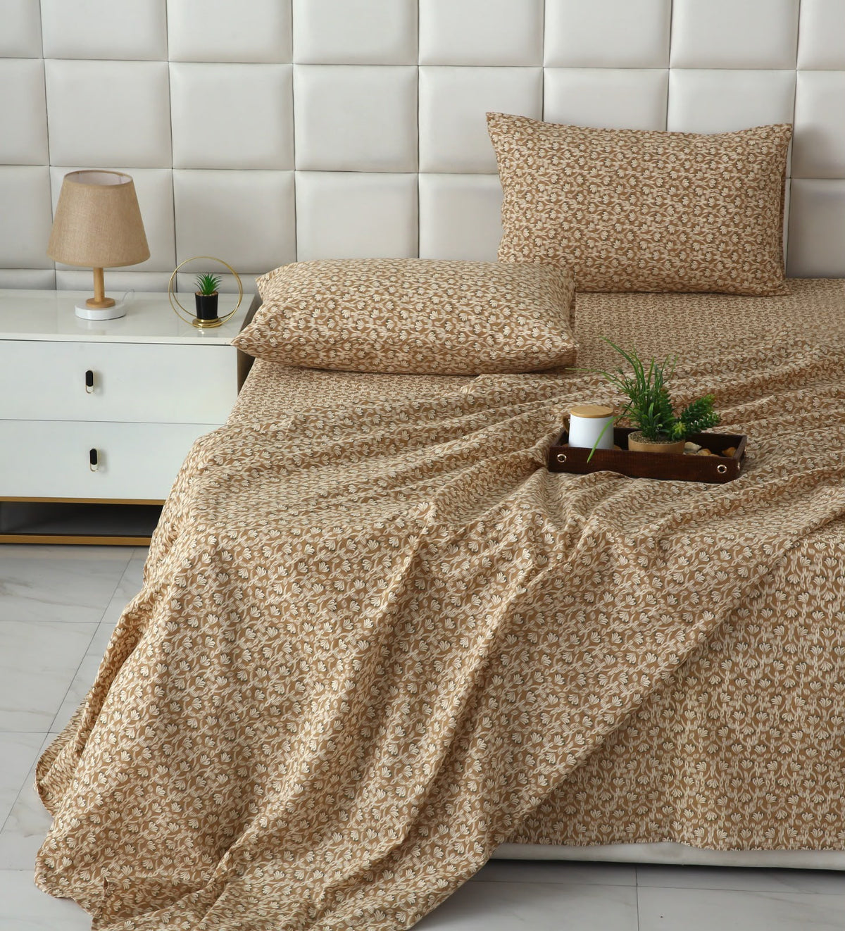 3 PCs Double Bed Sheet With Same Packing- Ecru BED SHEET Apricot