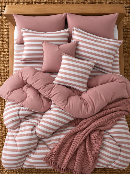 8 PCs Winter Razai Set- Rose Pink Stripes Comforters Apricot
