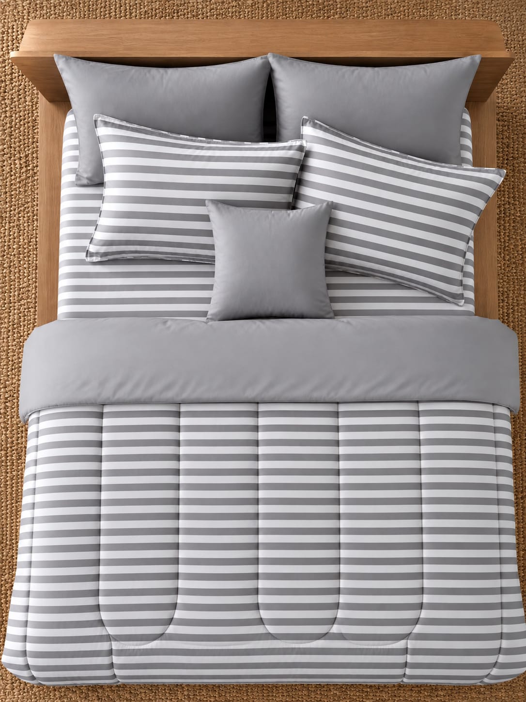 8 PCs Winter Razai Set- Grey Stripes Comforters Apricot