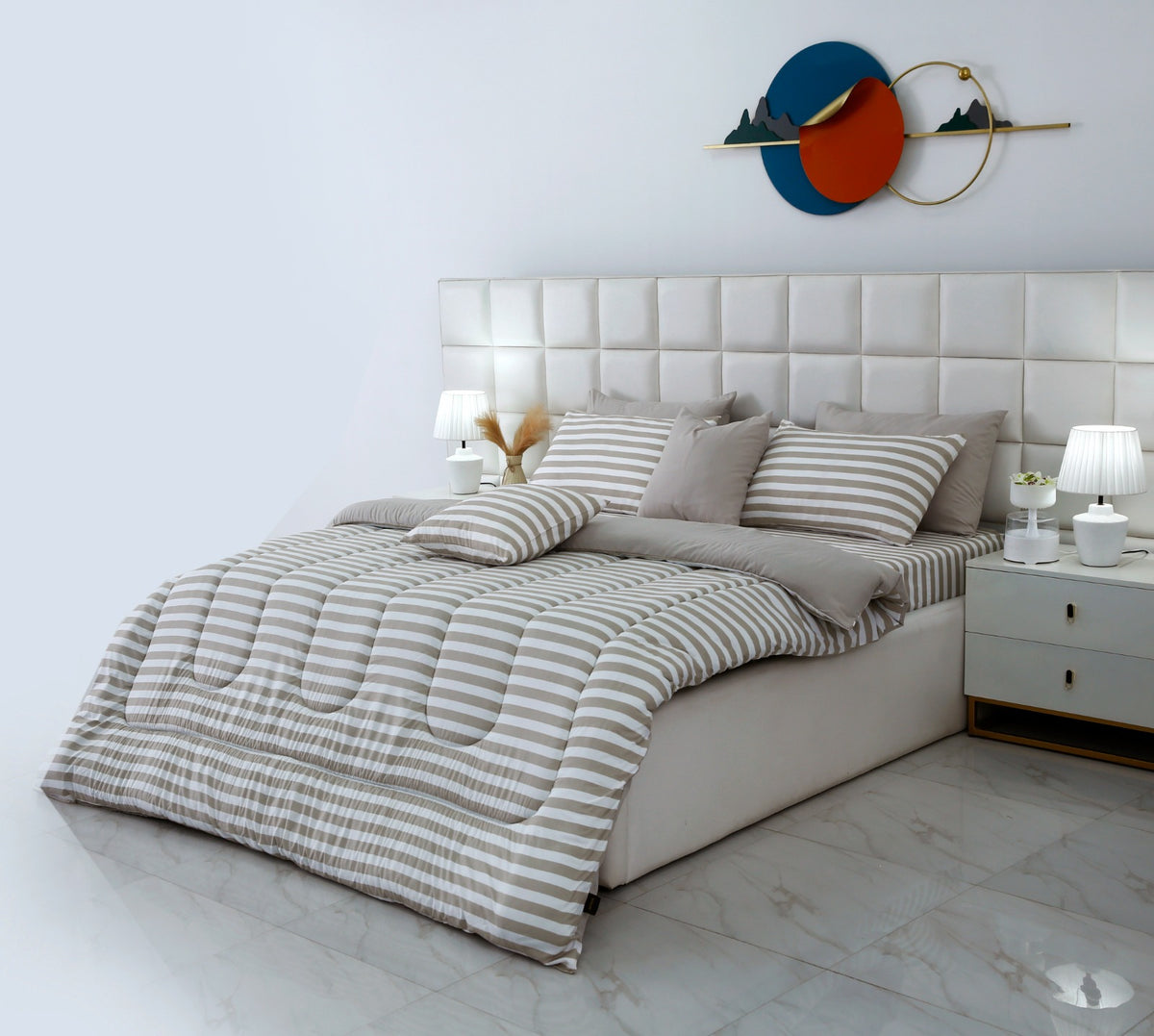 8 PCs Winter Razai Set- Beige Stripes Comforters Apricot