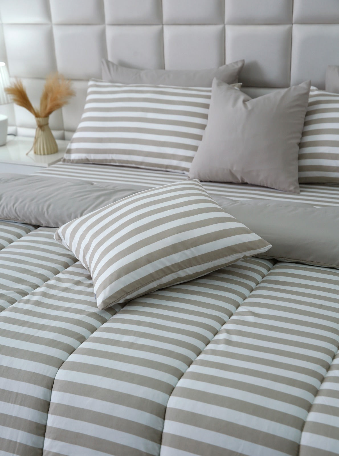 8 PCs Winter Razai Set- Beige Stripes Comforters Apricot