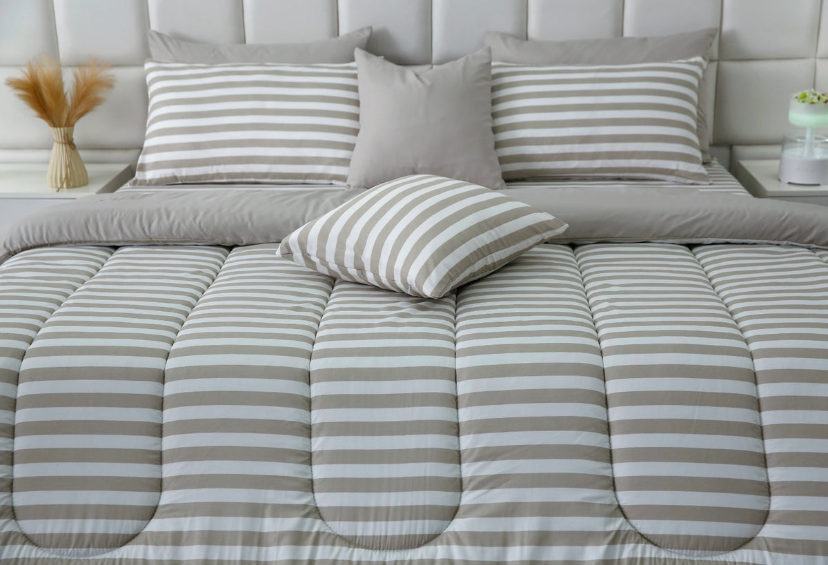8 PCs Winter Razai Set- Beige Stripes Comforters Apricot