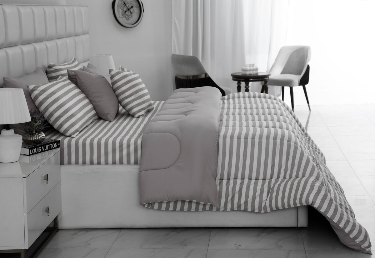 8 PCs Winter Razai Set- Beige Stripes Comforters Apricot