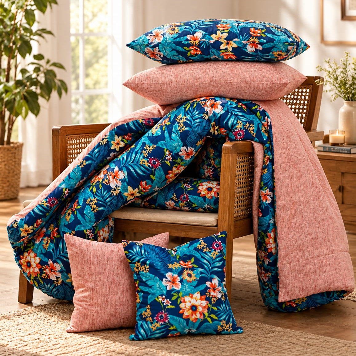 8 PCs Premium Winter Razai Set- Tropical Tide (With Pink Reverse) Comforters Apricot