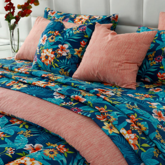 8 PCs Premium Winter Razai Set- Tropical Tide (With Pink Reverse) Comforters Apricot