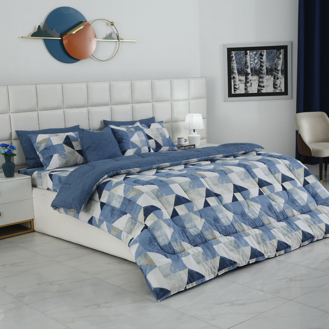 8 PCs Premium Winter Razai Set- Blue Mosaic Comforters Apricot