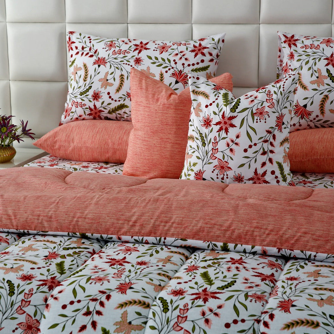 8 PCs Premium Winter Razai Set- Autumn Petals Comforters Apricot