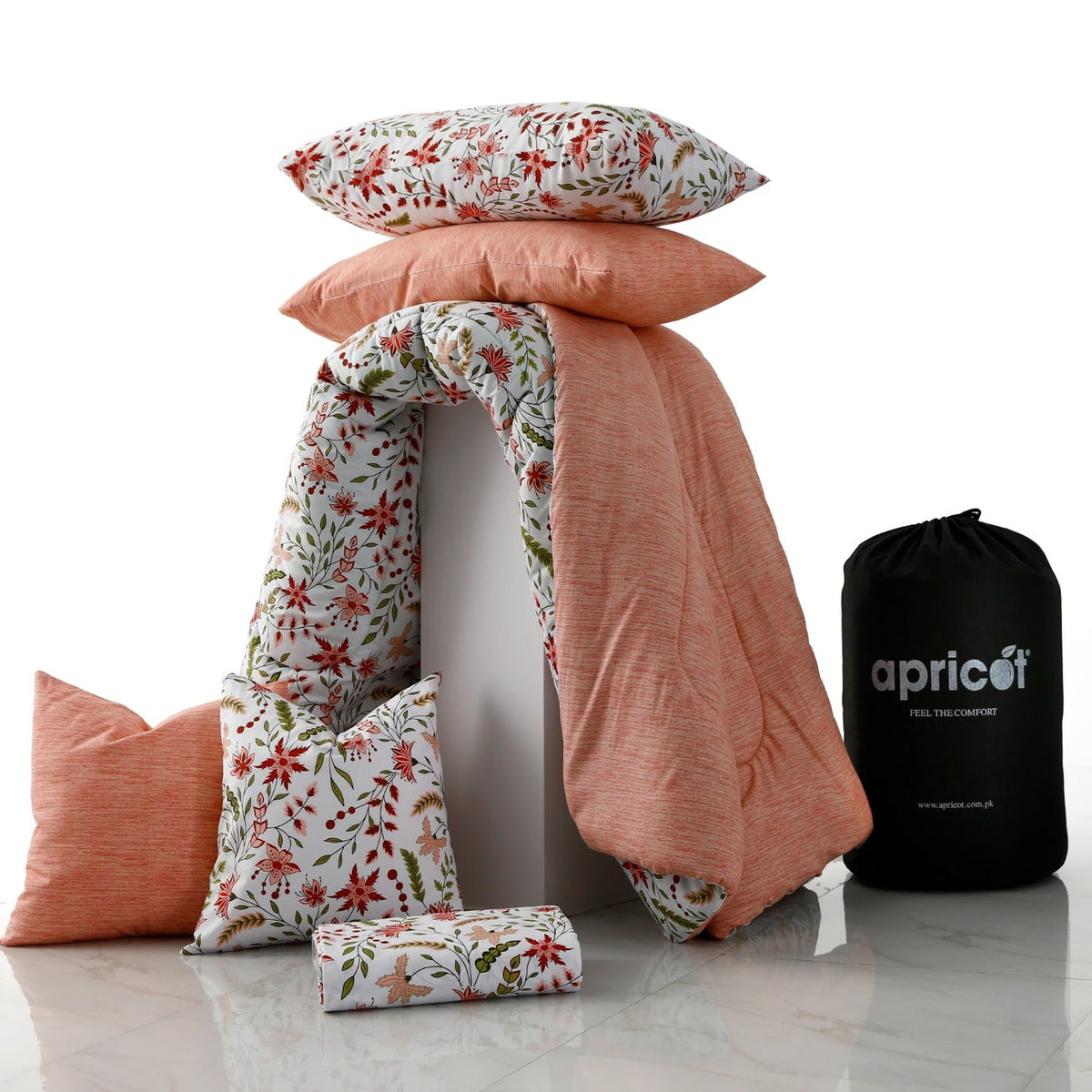 8 PCs Premium Winter Razai Set- Autumn Petals Comforters Apricot