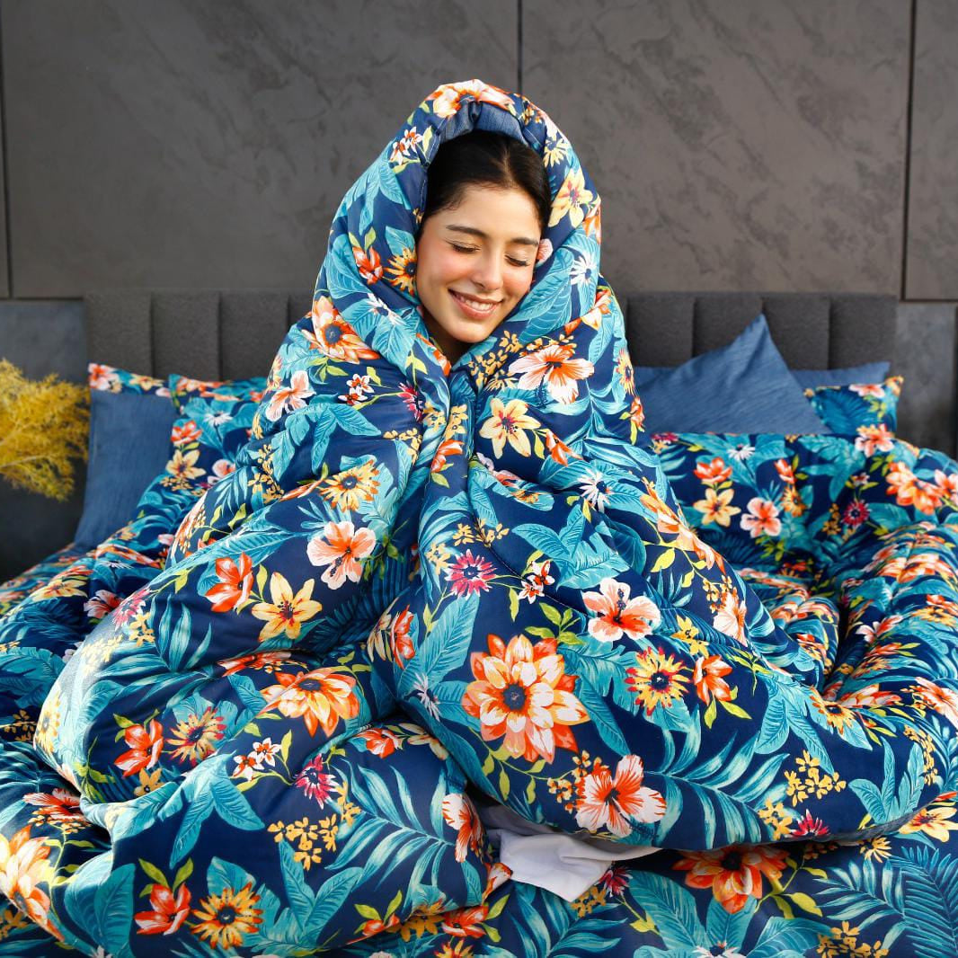 8 PCs Premium Winter Razai Set- Tropical Tide Comforters Apricot