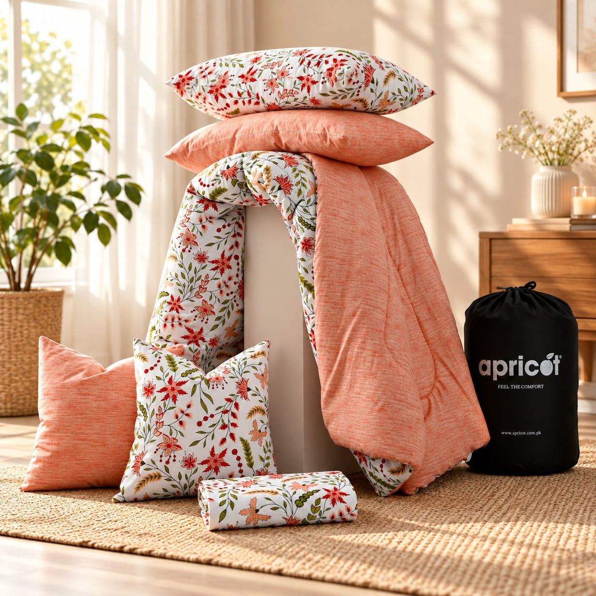 8 PCs Premium Winter Razai Set- Autumn Petals Comforters Apricot