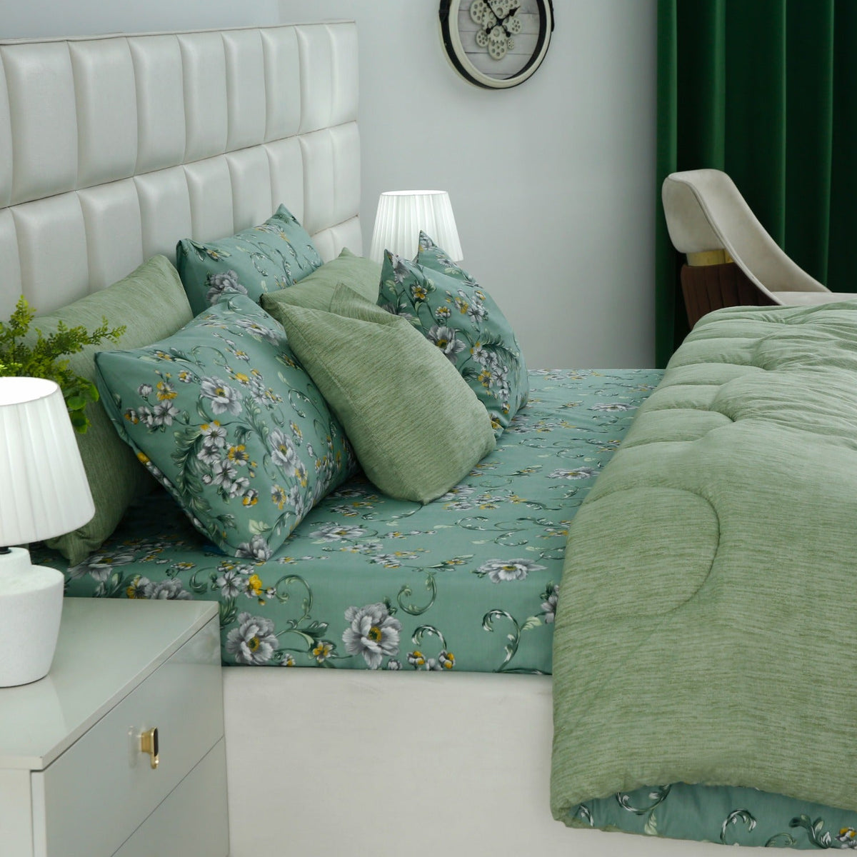 8 PCs Premium Winter Razai Set- Sage Blossom Comforters Apricot