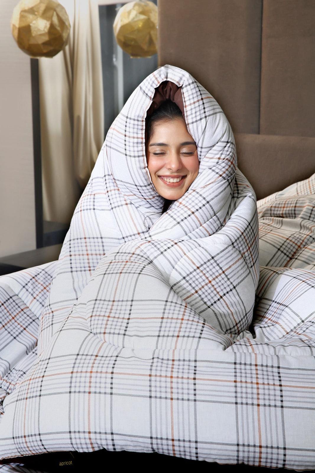 8 PCs Premium Winter Razai Set- Cocoa Check Comforters Apricot