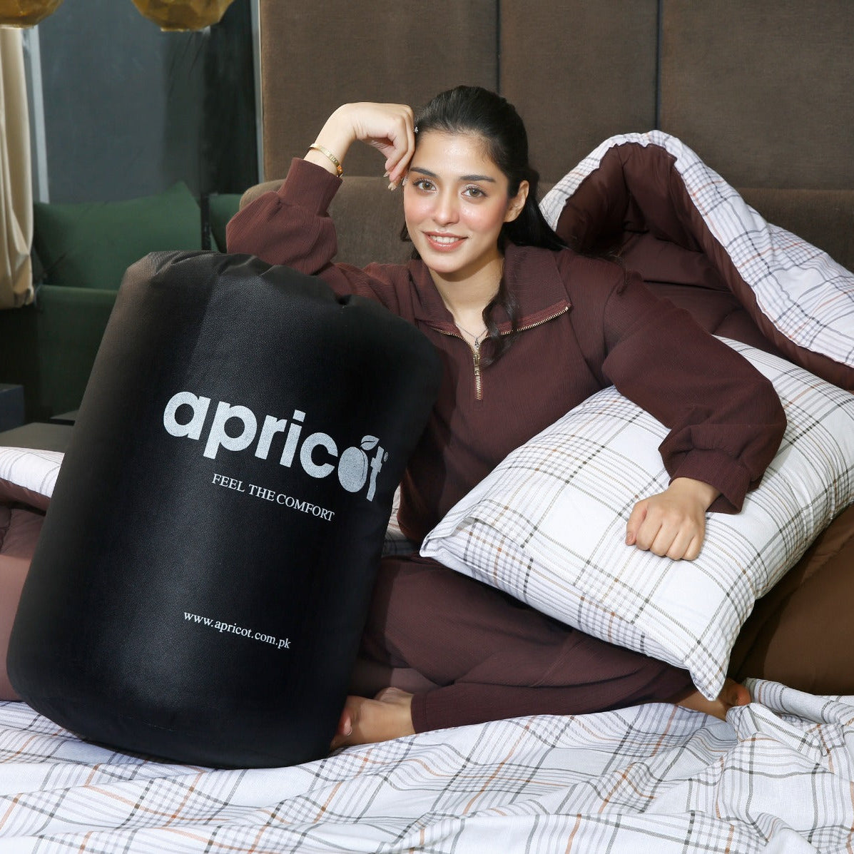 8 PCs Premium Winter Razai Set- Cocoa Check Comforters Apricot