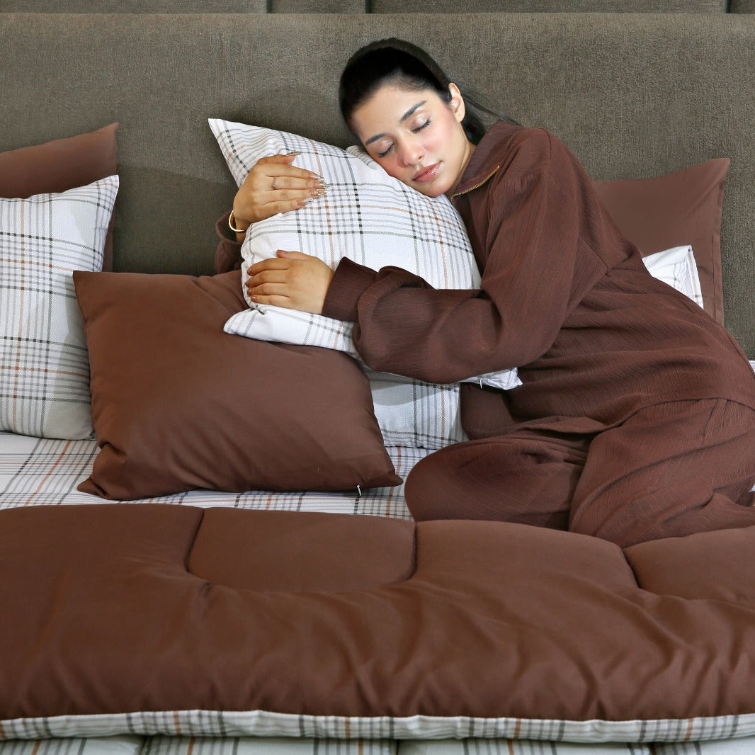 8 PCs Premium Winter Razai Set- Cocoa Check Comforters Apricot