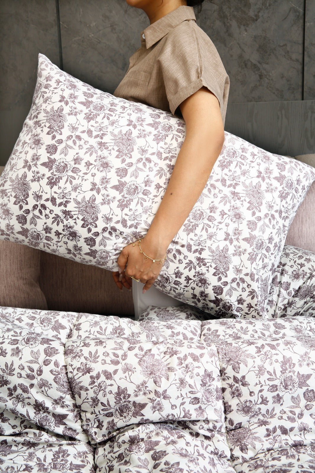 8 PCs Premium Winter Razai Set- Floral whisper Comforters Apricot