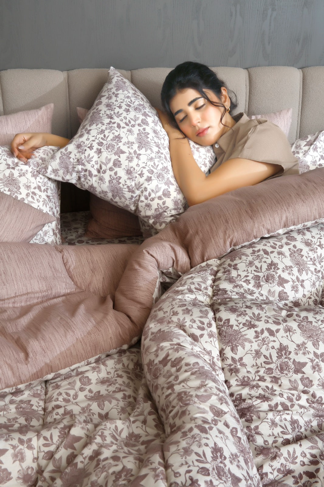 8 PCs Premium Winter Razai Set- Floral whisper Comforters Apricot