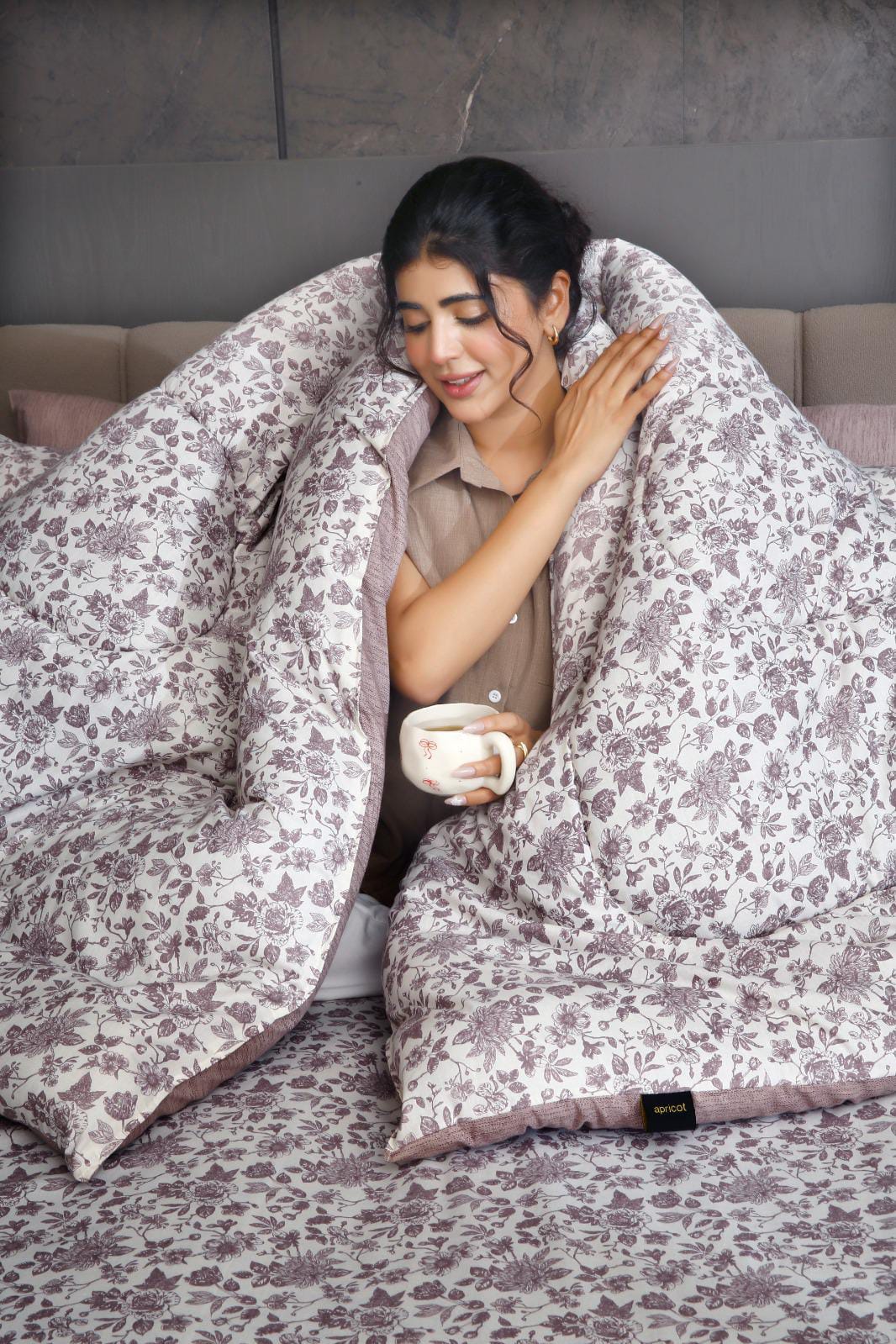 8 PCs Premium Winter Razai Set- Floral whisper Comforters Apricot
