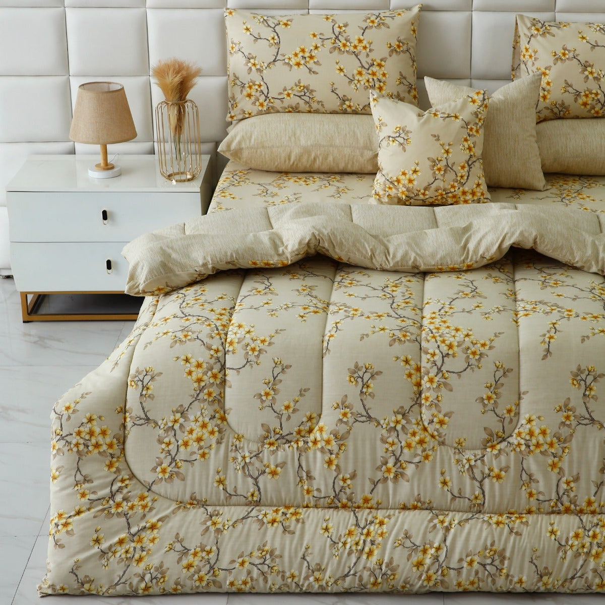 8 PCs Premium Winter Razai Set- Primrose Glow Comforters Apricot