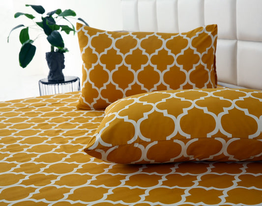3 PCs Double Bed Sheet -Mustard Geometric Bed Sheets Apricot