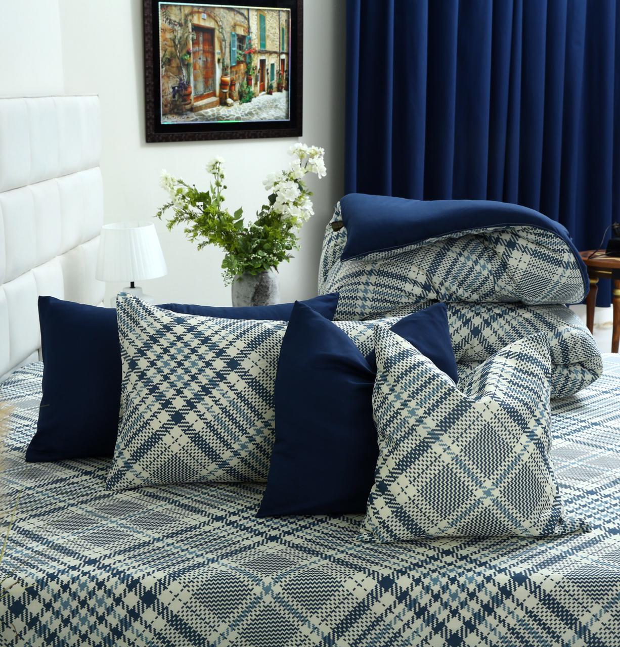 8 PCs Winter Comforter Set-Blue Check