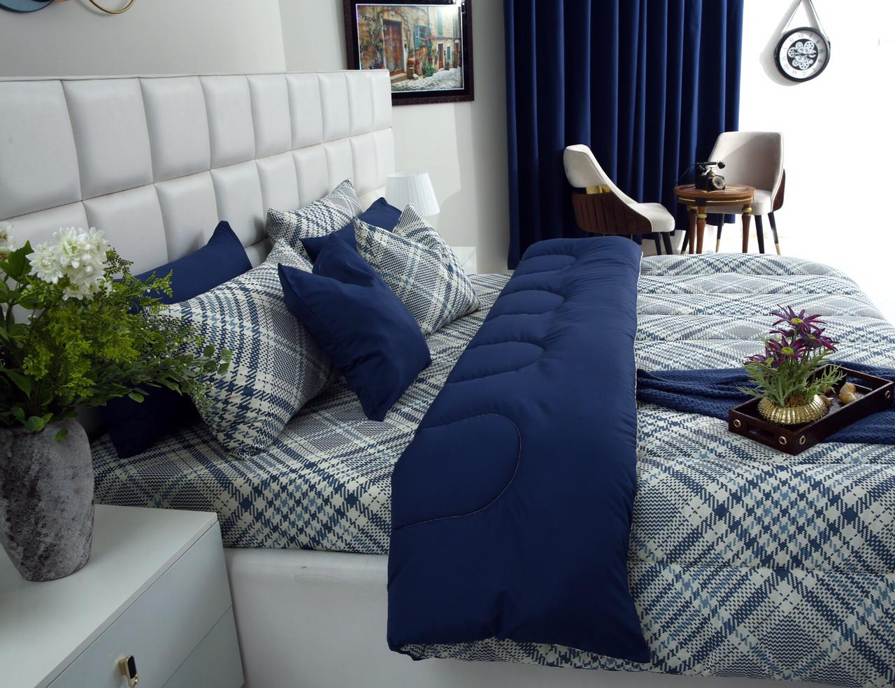 8 PCs Winter Comforter Set-Blue Check
