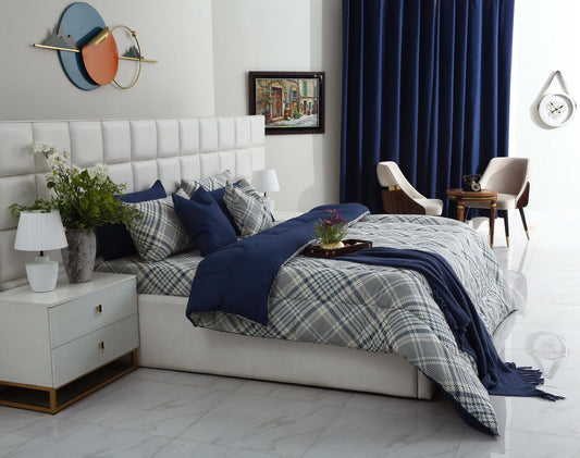 8 PCs Winter Comforter Set-Blue Check Comforters Apricot