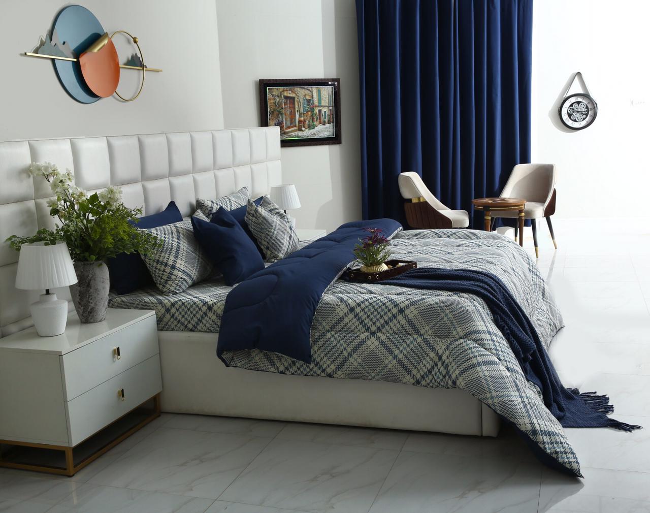 8 PCs Winter Comforter Set-Blue Check
