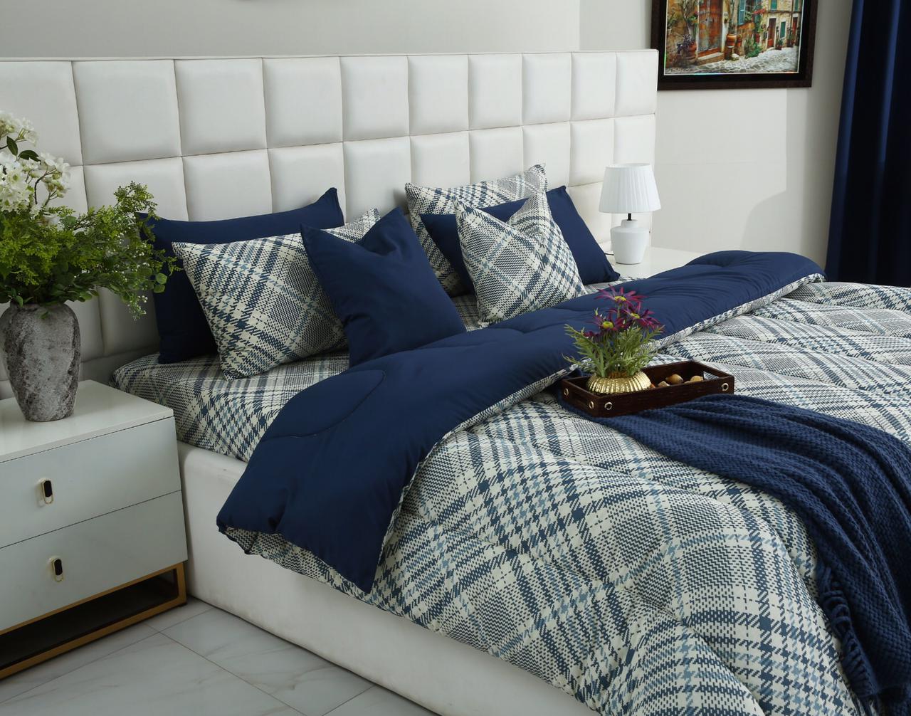 8 PCs Winter Comforter Set-Blue Check