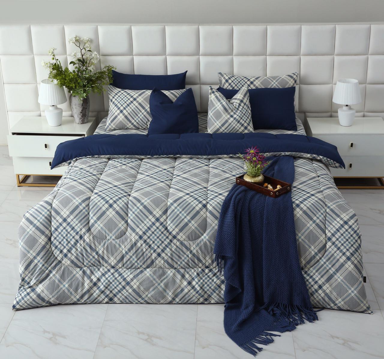 8 PCs Winter Comforter Set-Blue Check