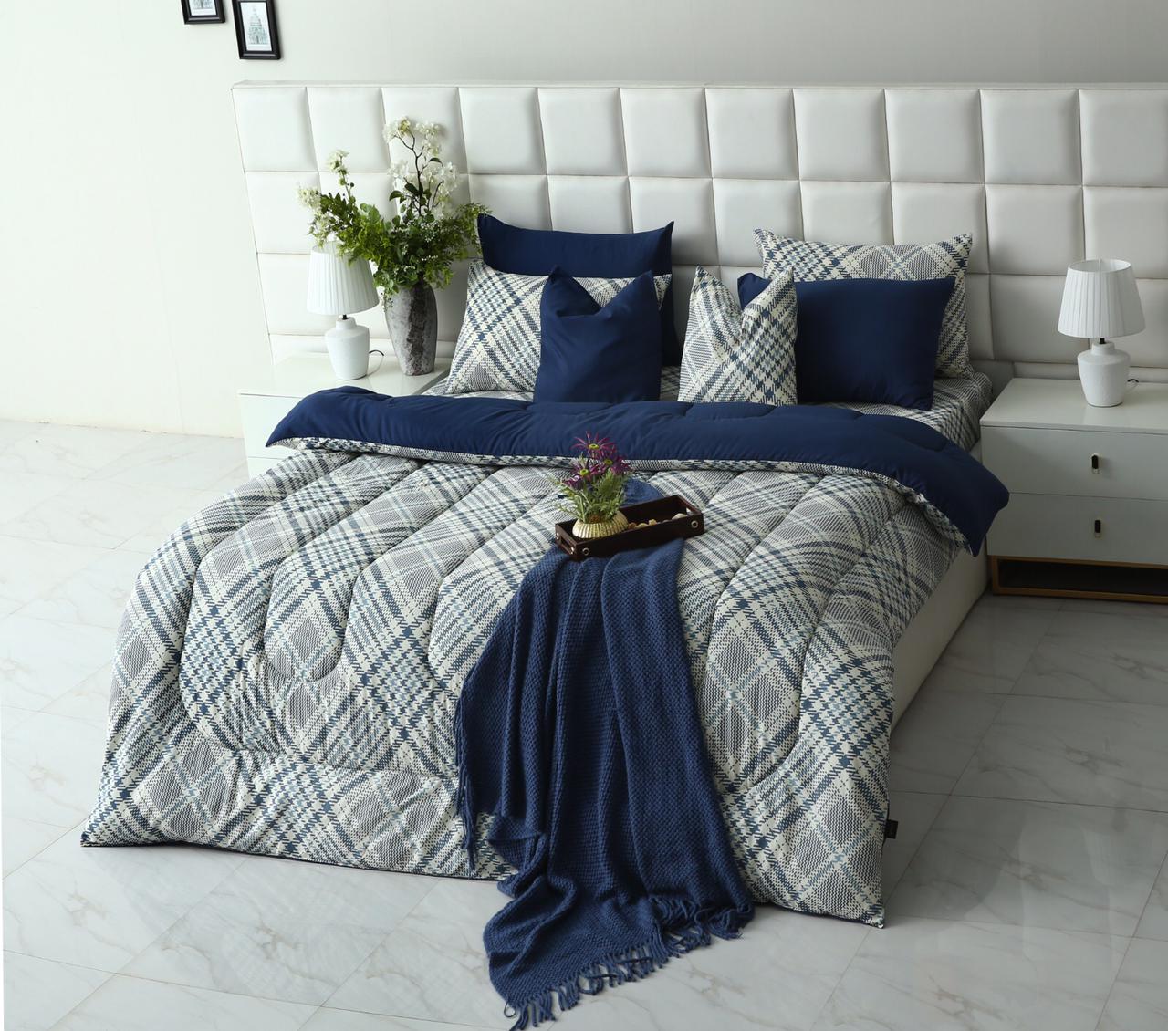 8 PCs Winter Comforter Set-Blue Check