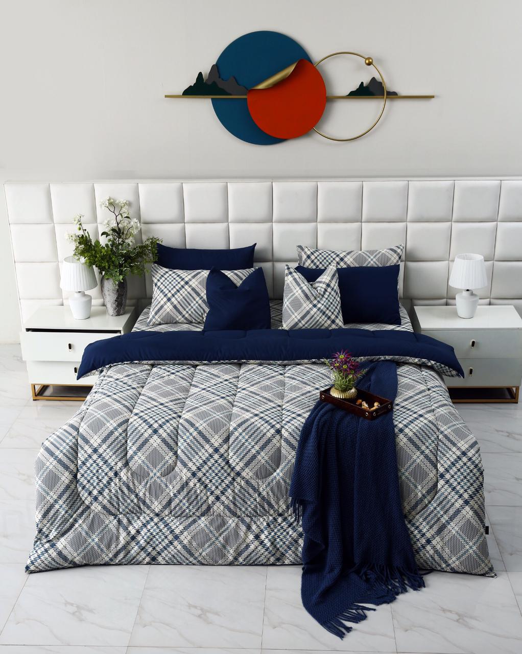 8 PCs Winter Comforter Set-Blue Check