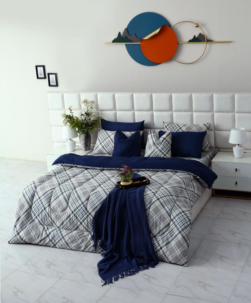 8 PCs Winter Comforter Set-Blue Check