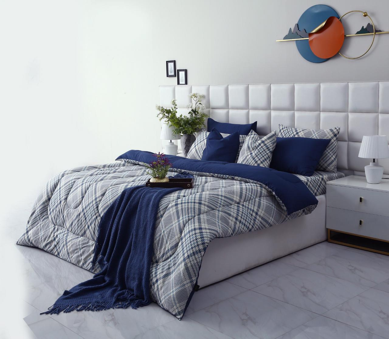 8 PCs Winter Comforter Set-Blue Check