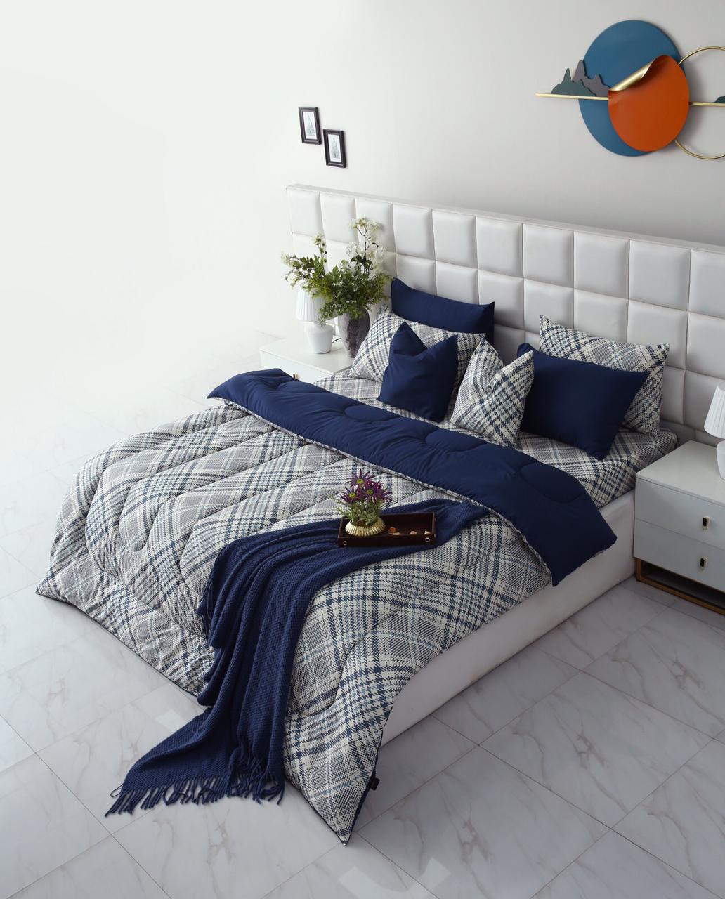 8 PCs Winter Comforter Set-Blue Check