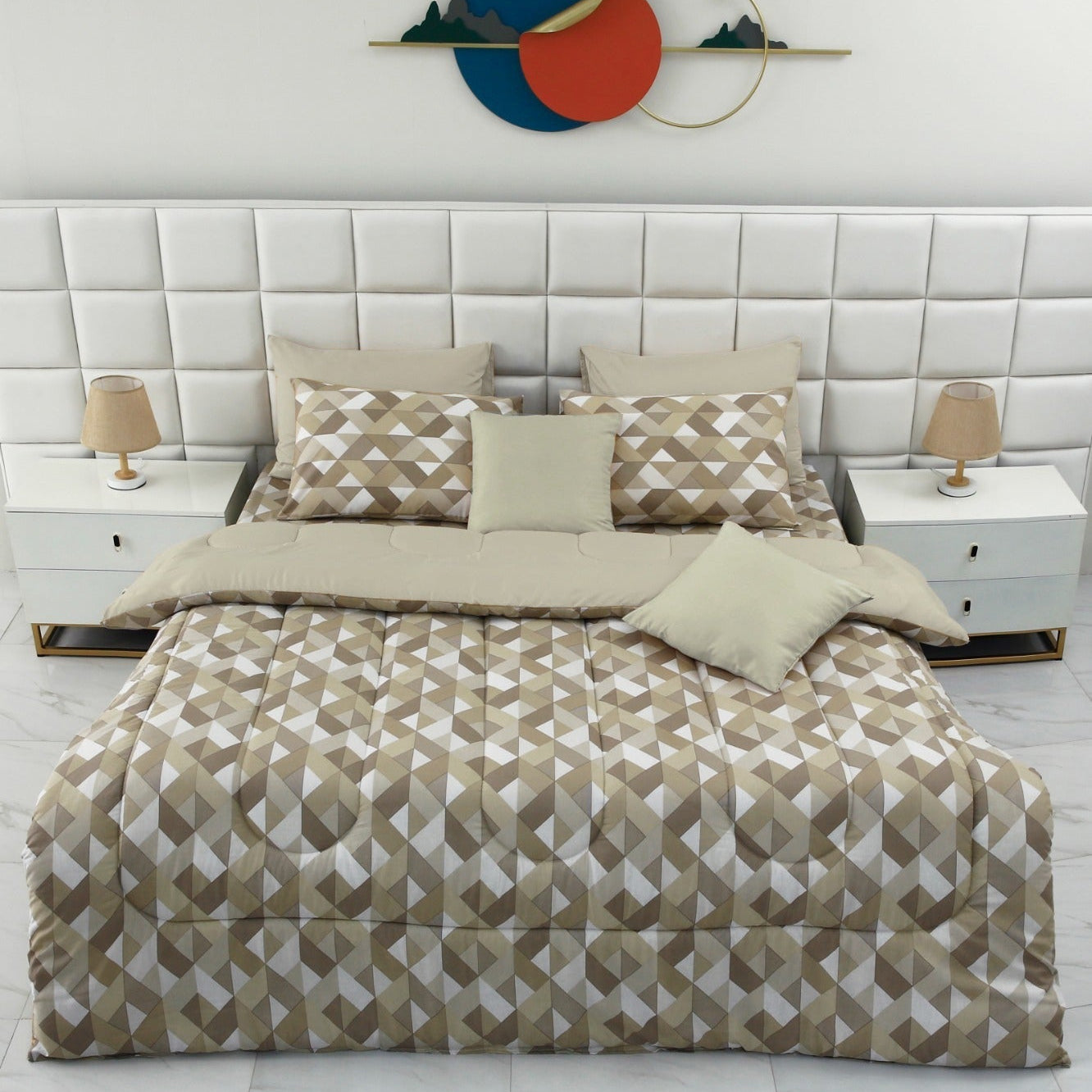 8 PCs Winter Comforter Set-Beige Triangle Comforters Apricot