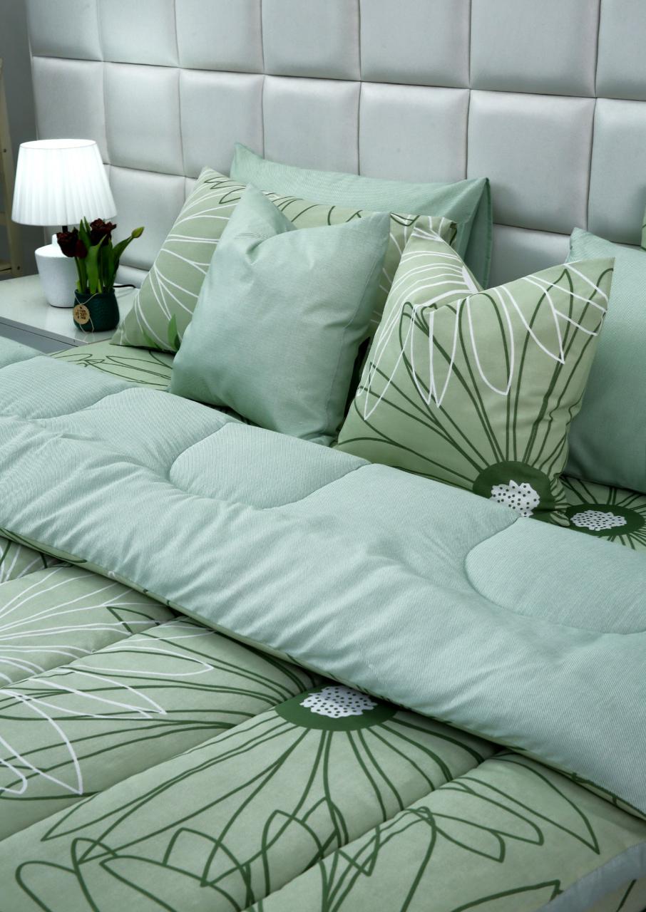 8 PCs Winter Comforter Set-Sage Green Flowers Comforters Apricot
