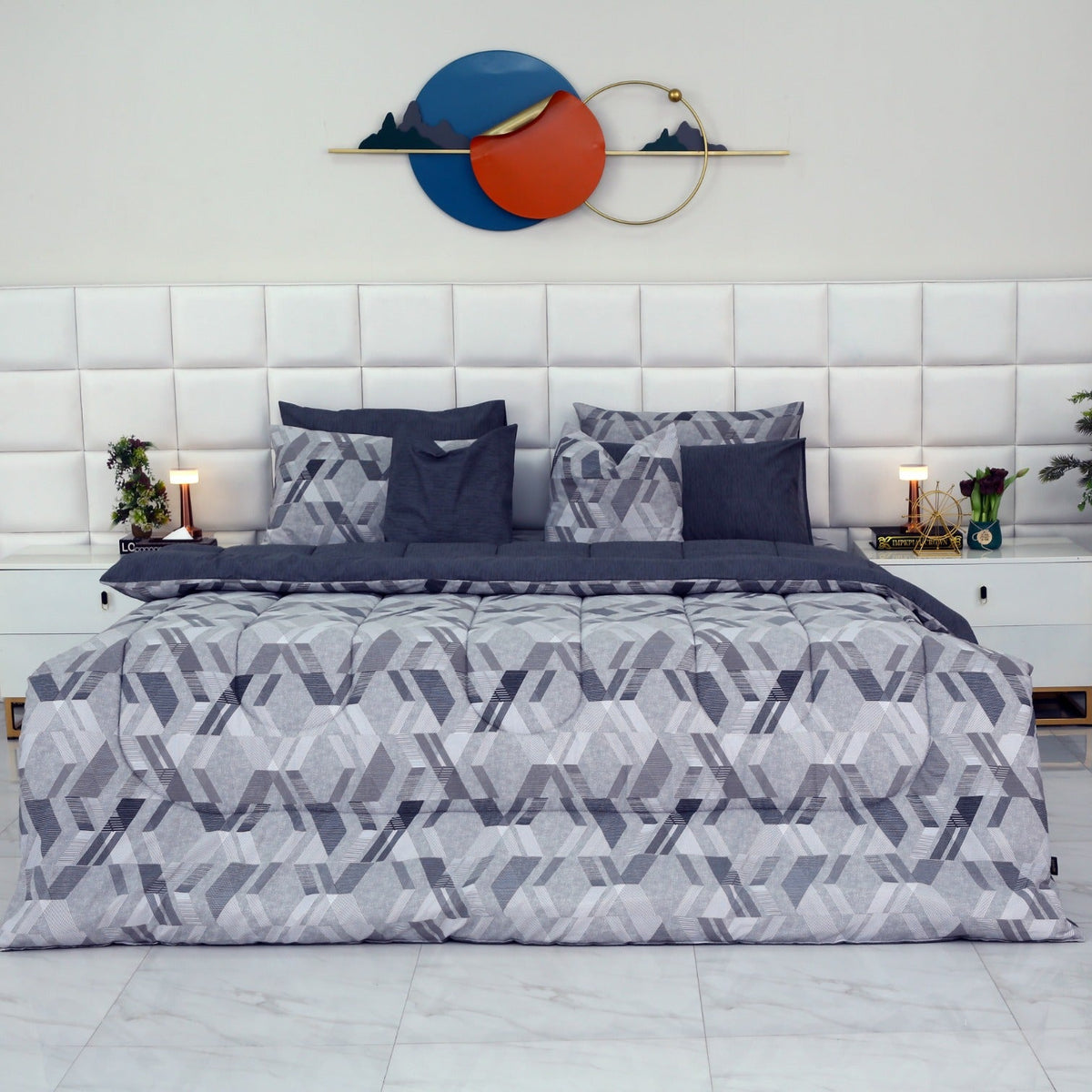 8 PCs Winter Razai Set-Grey Triangles Comforters Apricot