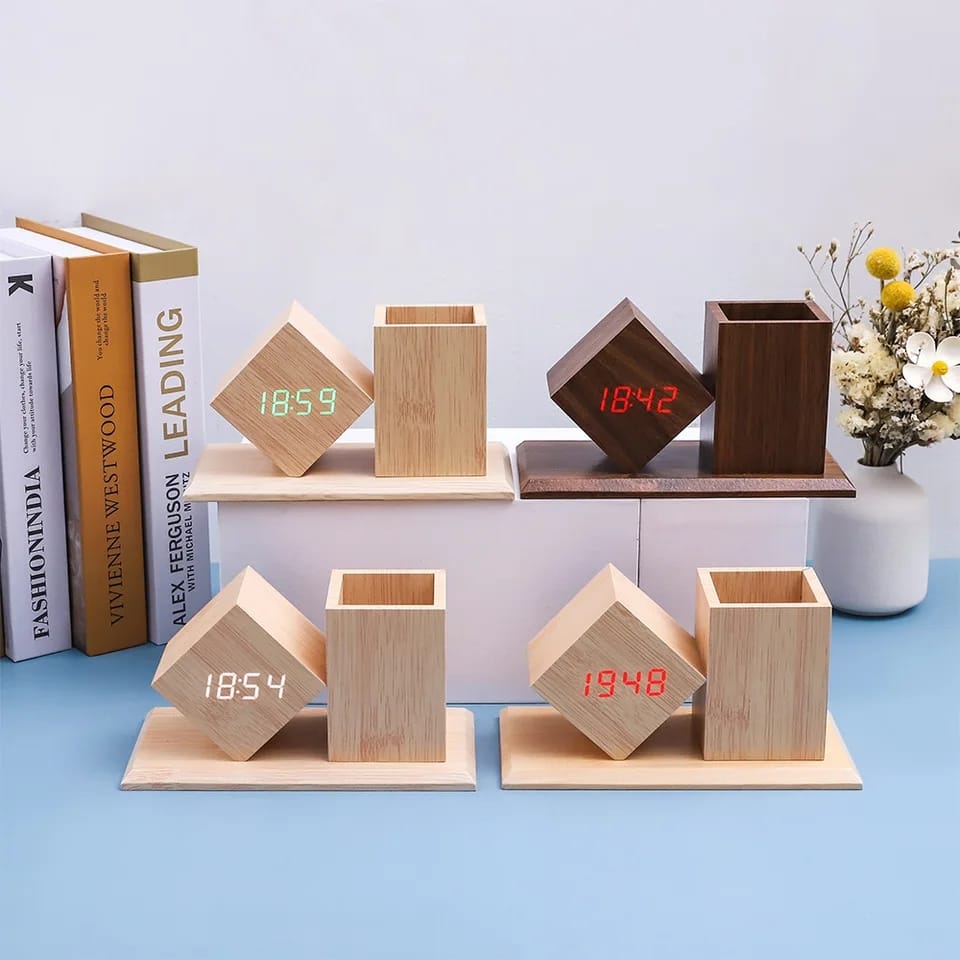 Wood Style Digital Clock with Holder(SA2405-229)-Beige(Red LED) Clock Apricot