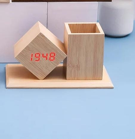 Wood Style Digital Clock with Holder(SA2405-229)-Beige(Red LED) Clock Apricot