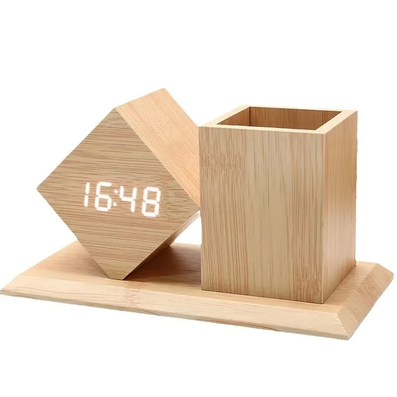 Wood Style Digital Clock with Holder(SA2405-229)-Beige(Red LED) Clock Apricot