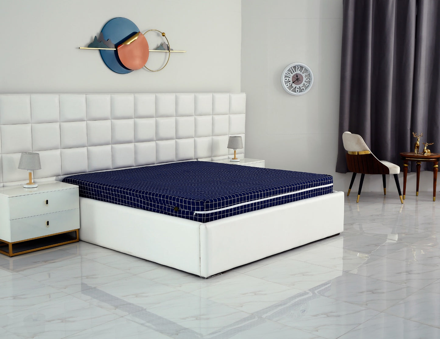 Zipper Mattress Cover Printed-Blue Check Protectors Apricot