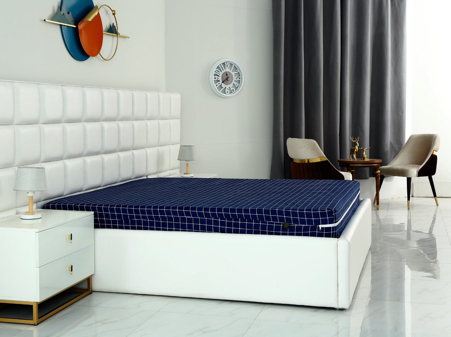 Zipper Mattress Cover Printed-Blue Check Protectors Apricot