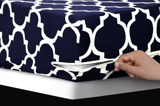 Zipper Mattress Cover Printed-Blue Geometric Protectors Apricot