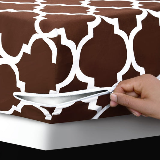 Zipper Mattress Cover Printed-Brown Geometric Protectors Apricot