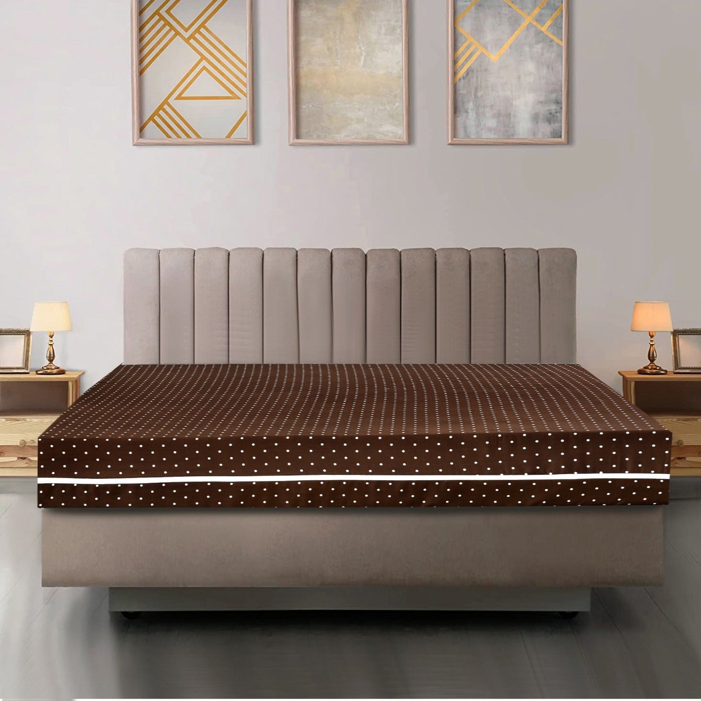 Zipper Mattress Cover Printed-Brown Polka Protectors Apricot