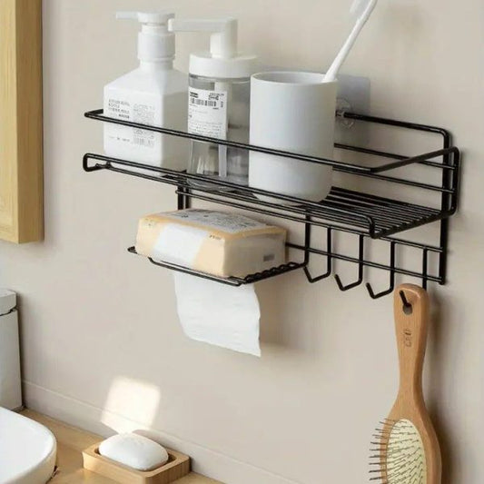 Wall Mounted Shelf With Hooks And Soap Holder
