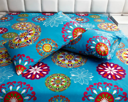 2Pcs Single Bed Sheet- Turqoiuse Flower single bed sheet Apricot
