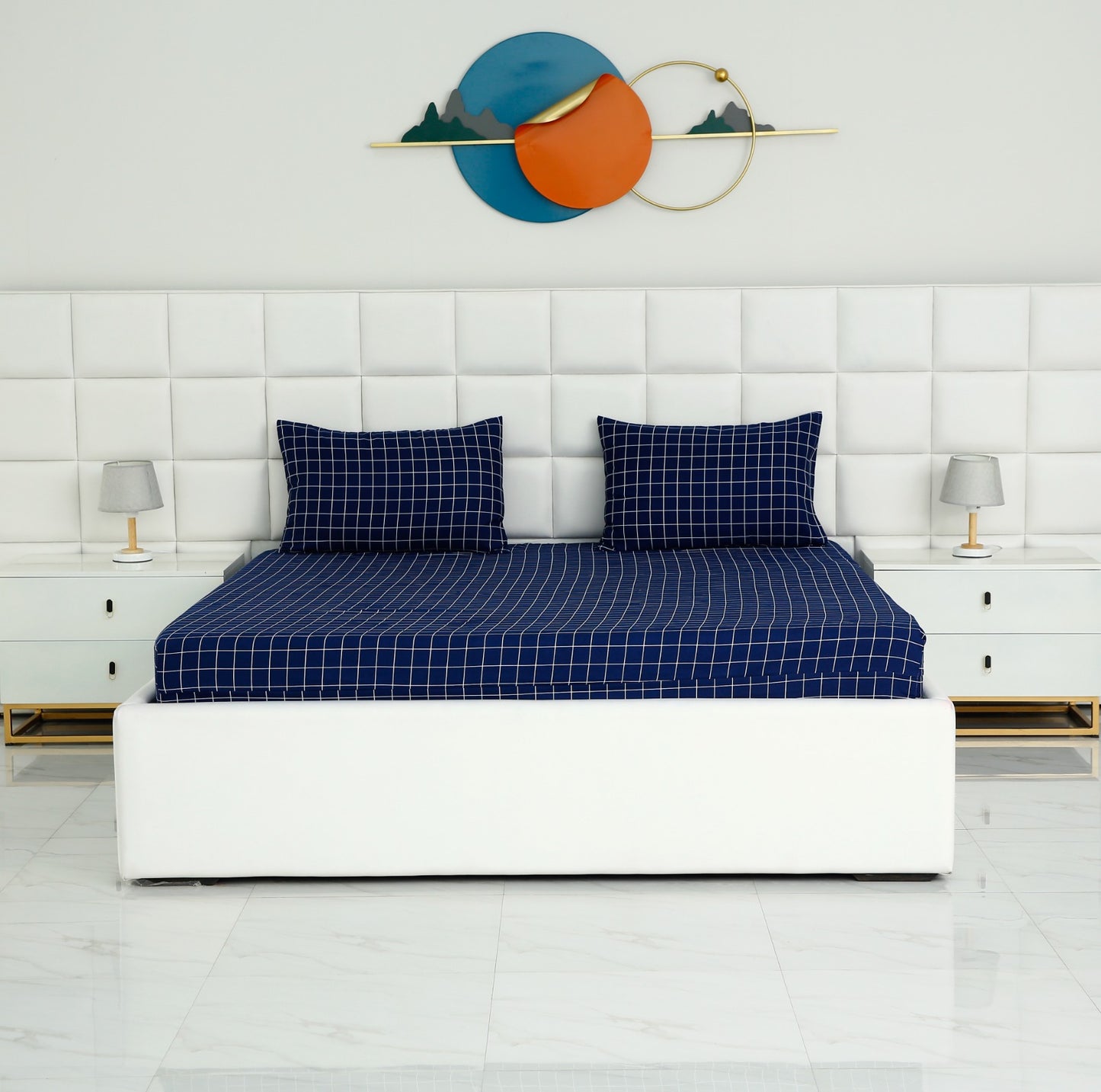 Fitted Bed Sheet-Blue Check Fitted Sheets Apricot