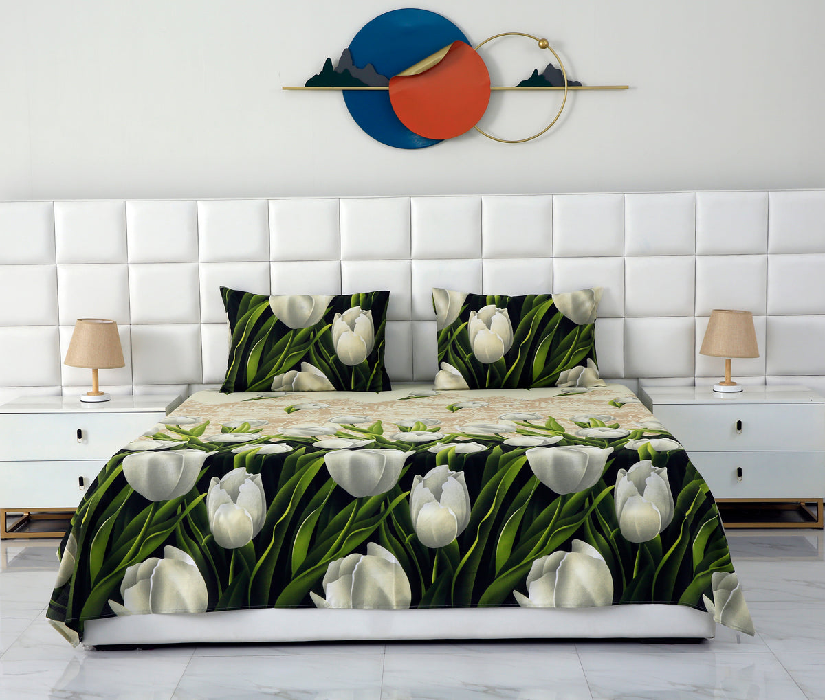 3 PCs Double Bed Sheet-tulip green BED SHEET Apricot